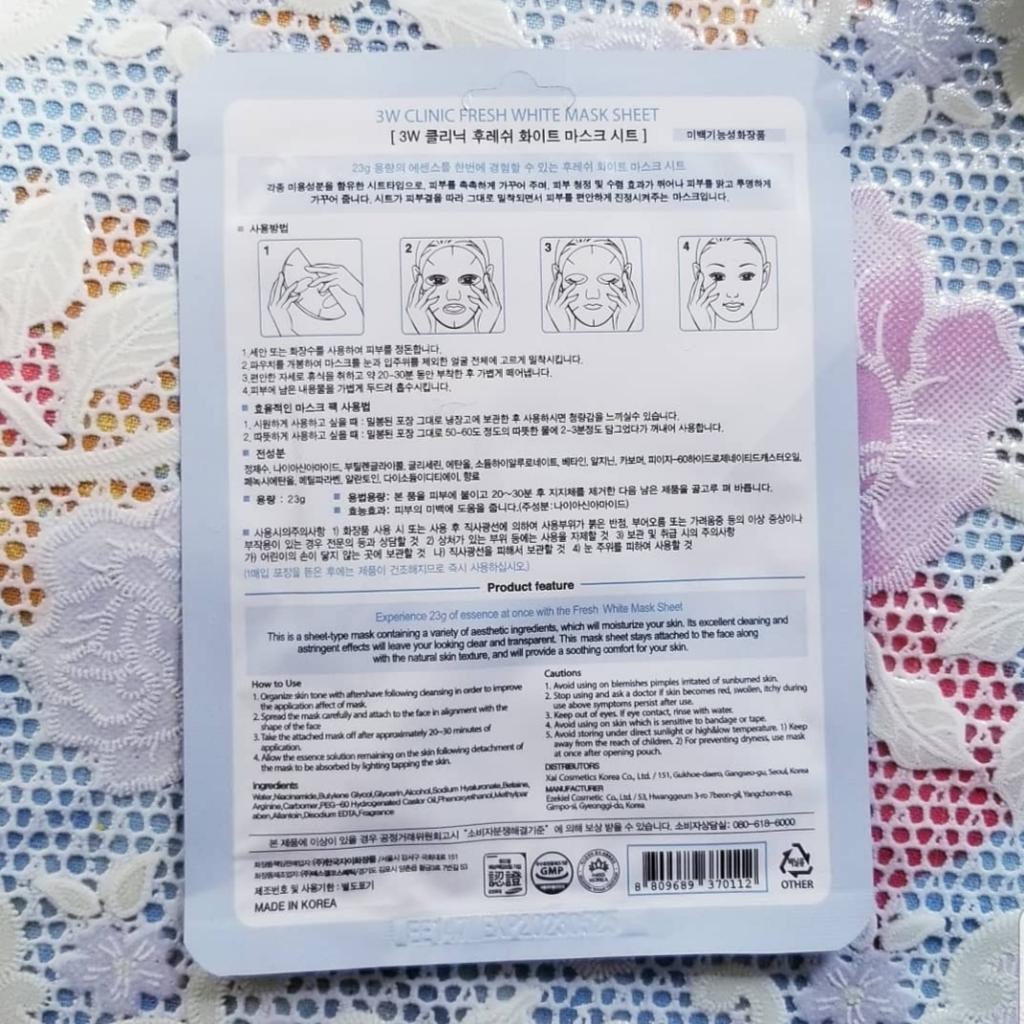3W Clinic Fresh White Mask Sheet Тканевая маска для осветления
